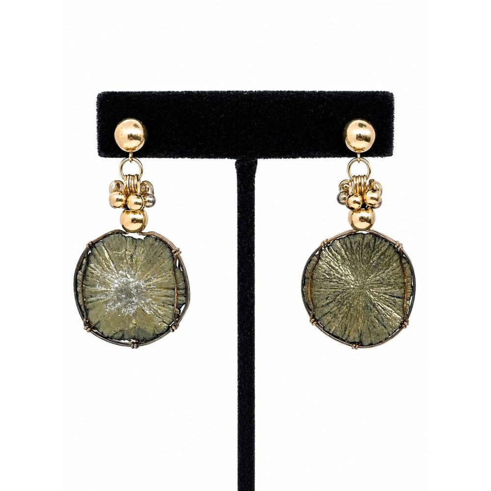 Modernist Earrings 14K Gold Filled Wire Wrapped Pyrite Discs Boho Studio Artisan